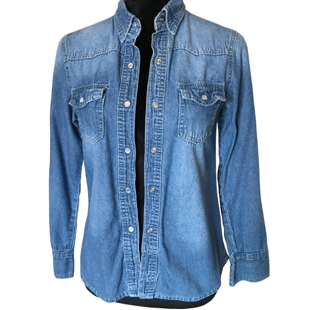 Long-Sleeved Denim Shirt, Snap Front Snap Tab Pockets BUYIN Size XS
